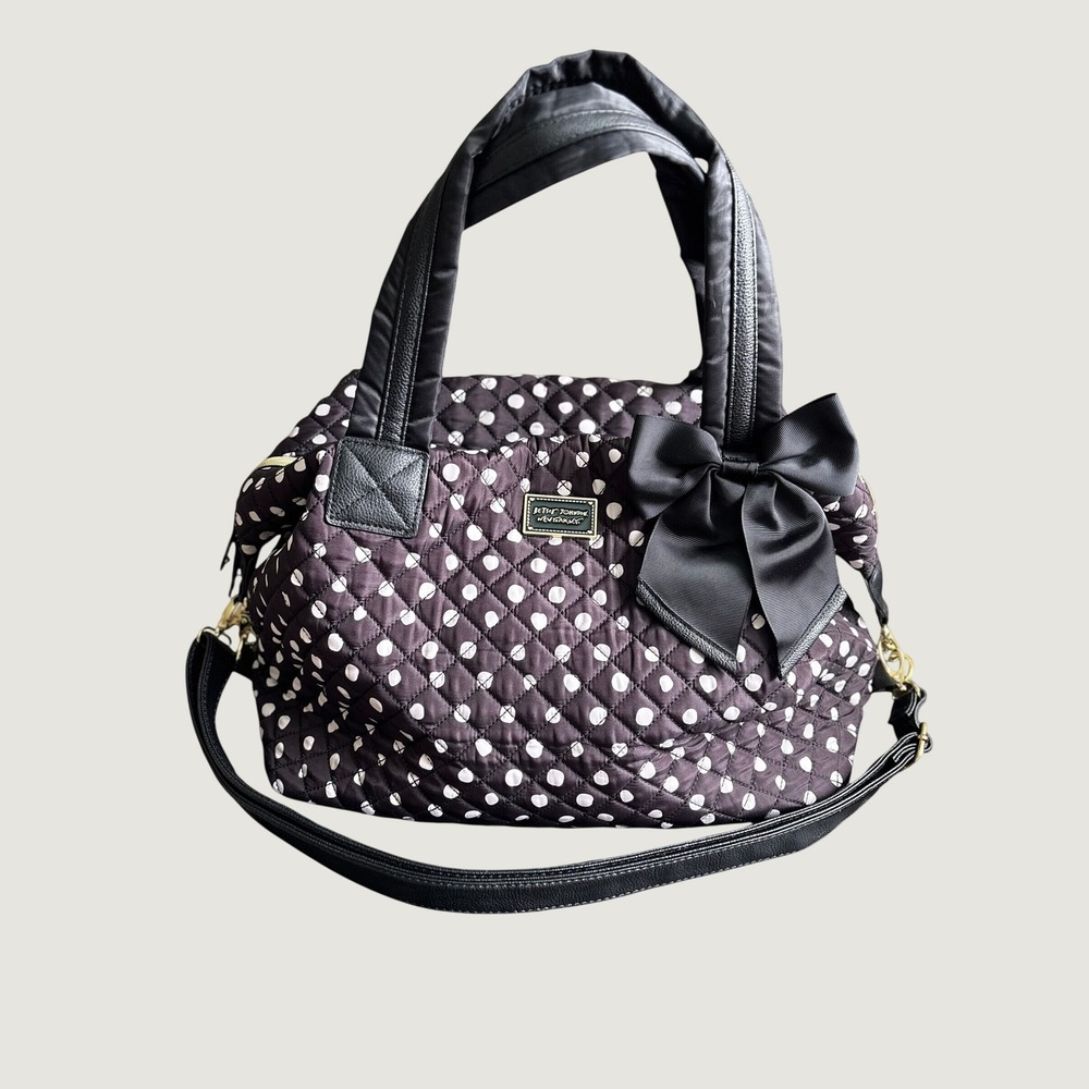 Betsey Johnson Quilted Polka Dot Large Satchel Bag w/ Bow Brown White Crossbody